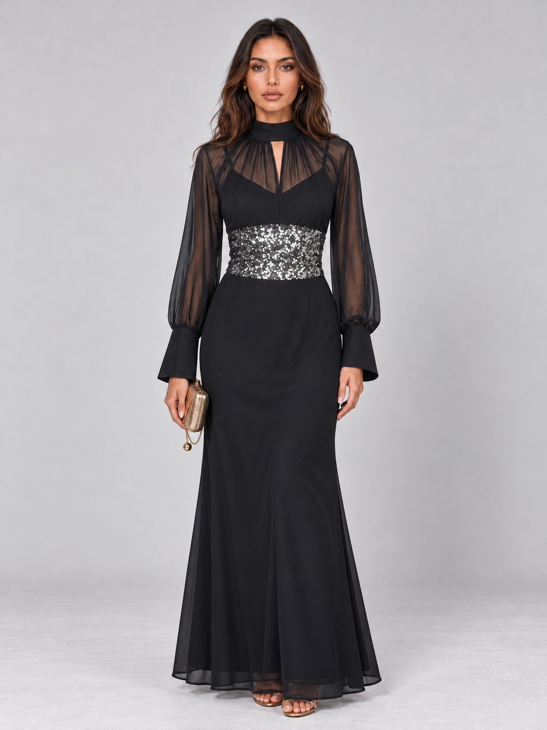 Zephrina Euphrasie sequin-waist mesh-sleeve maxi dress in black