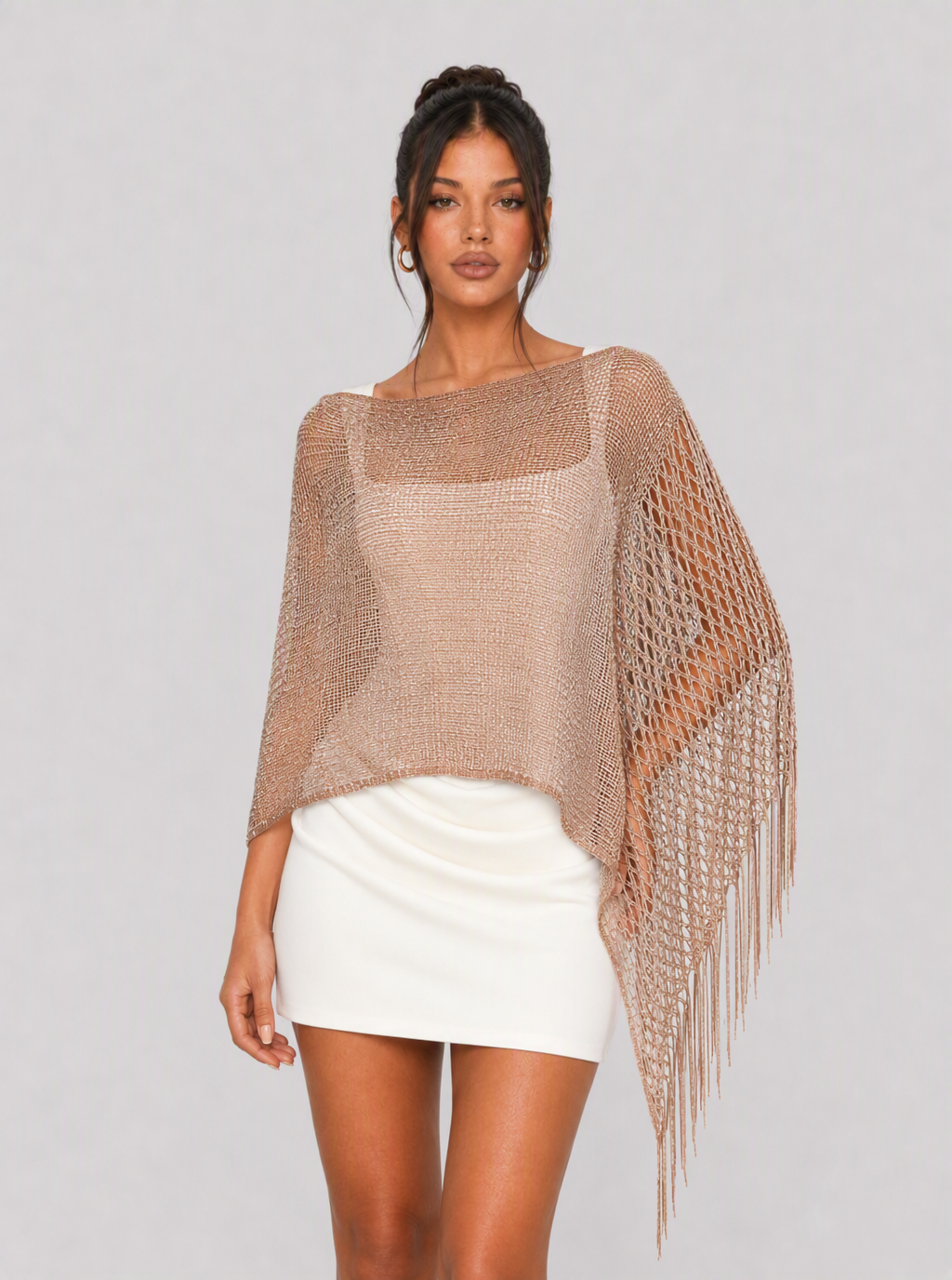 Zephrina Solenne metallic fringe shawl in champagne gold