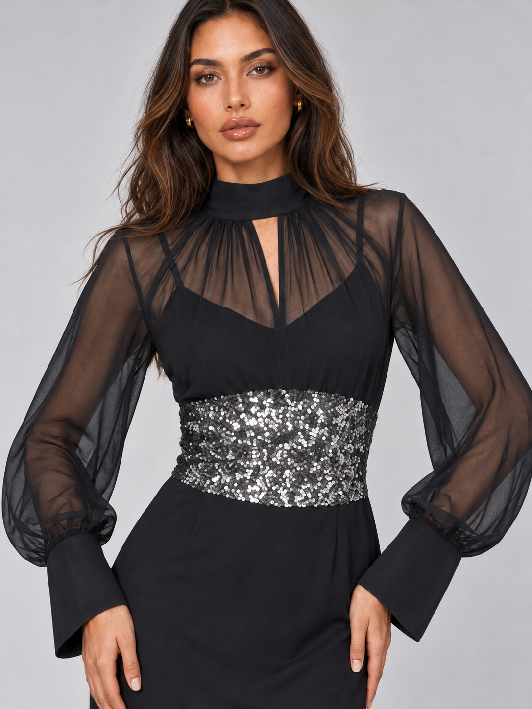 Zephrina Euphrasie sequin-waist mesh-sleeve maxi dress in black