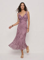 Zephrina Elowen ruffle floral midi dress in purple