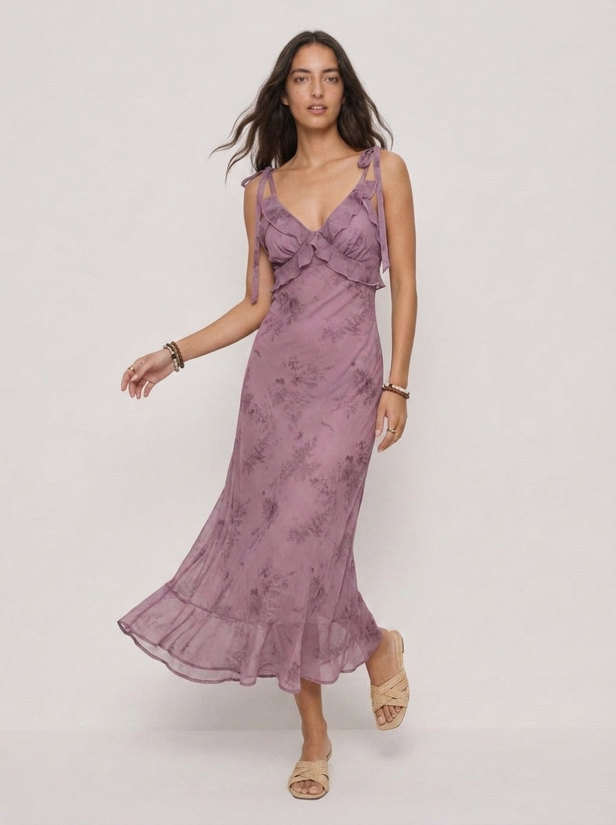 Zephrina Elowen ruffle floral midi dress in purple