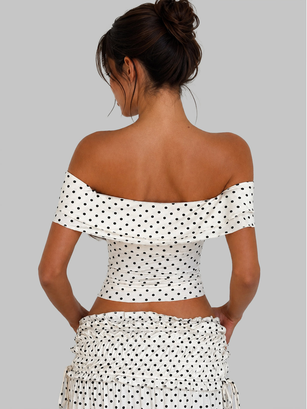 Zephrina Vintage Polka Dot Off-Shoulder Two-Piece Maxi Set