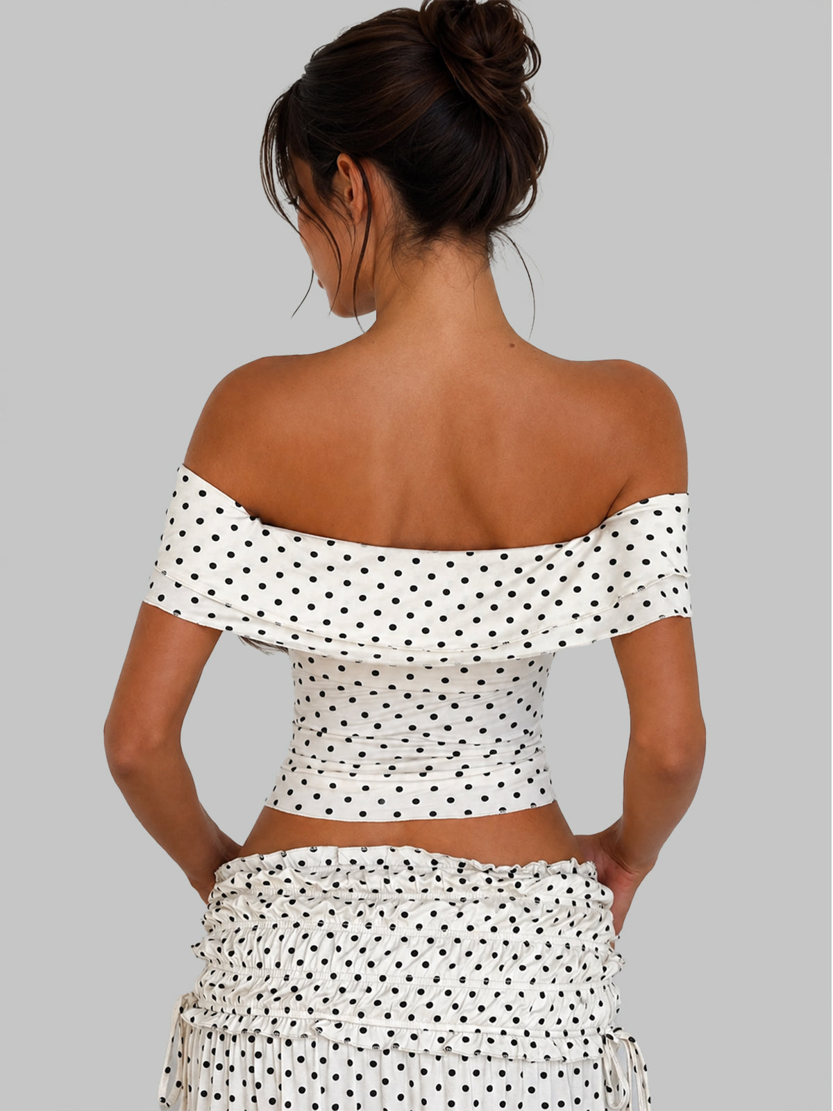 Zephrina Vintage Polka Dot Off-Shoulder Two-Piece Maxi Set