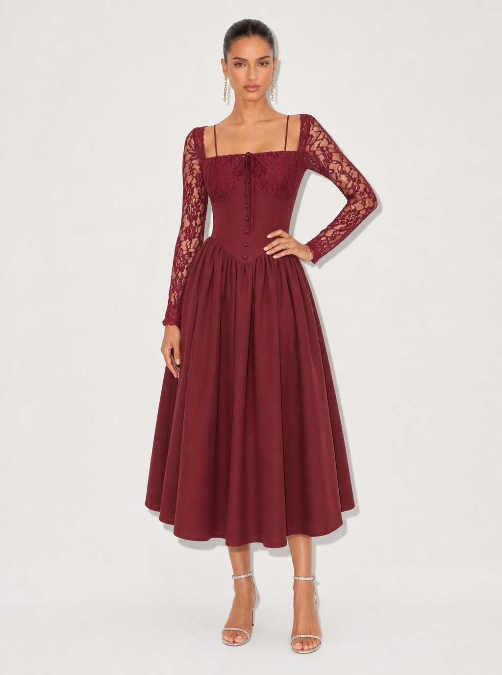 Zephrina Rowena lace sleeve midi dress in burgundy