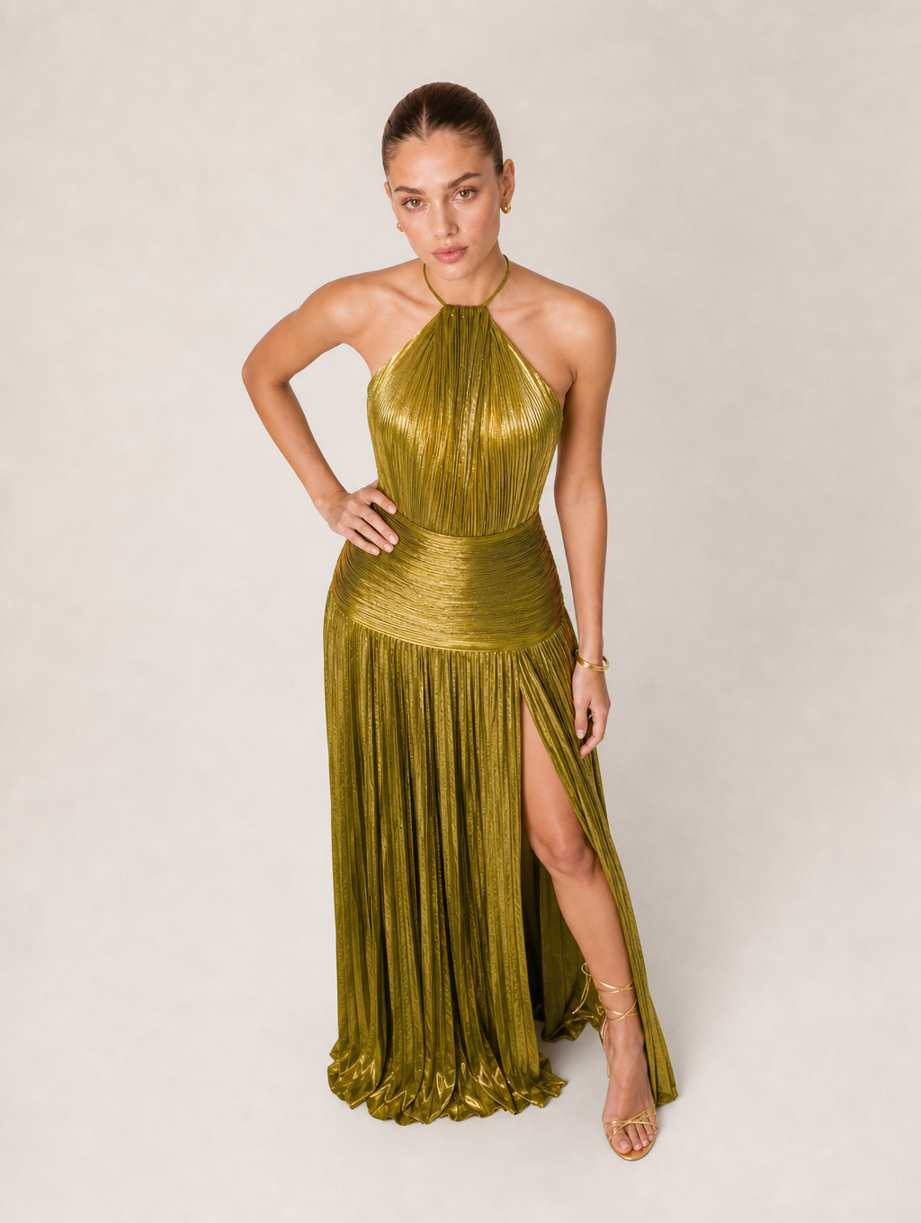Metallic Olive Gold Pleated Halter Maxi Gown