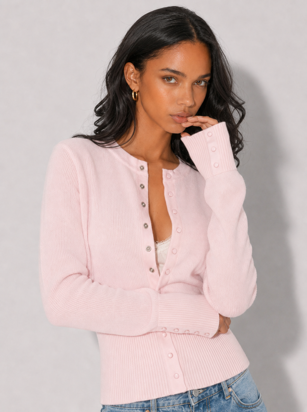 Zephrina Cassia ribbed button knit top in pink