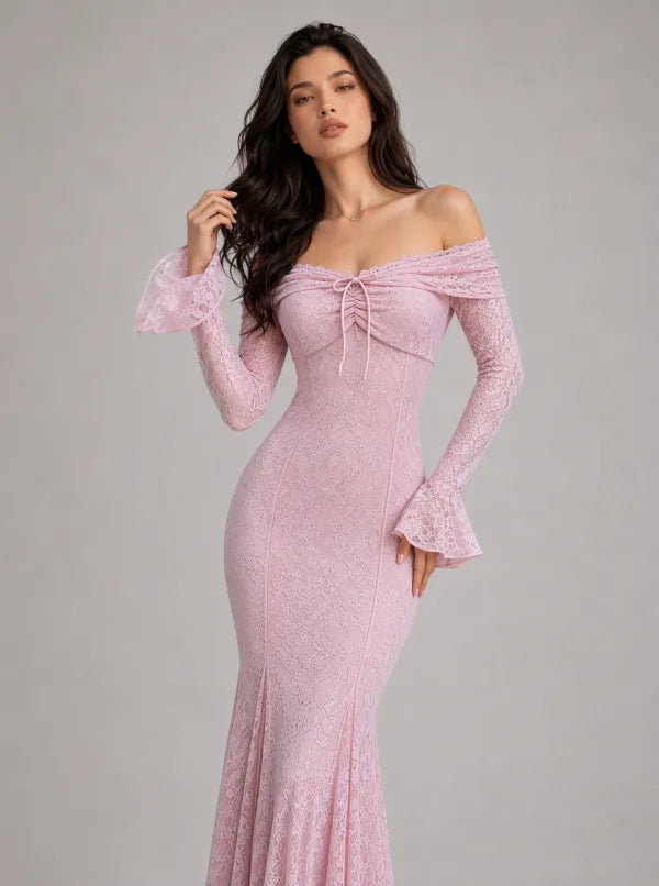 Zephrina Albertine off-shoulder lace maxi dress in pink