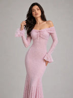 Zephrina Albertine off-shoulder lace maxi dress in pink