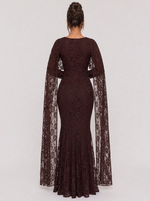 Zephrina Oriana lace cape maxi dress in brown