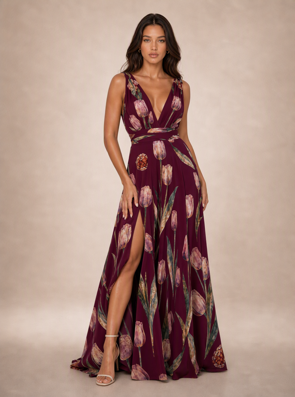 Zephrina Isaline botanical chiffon slit maxi dress in burgundy