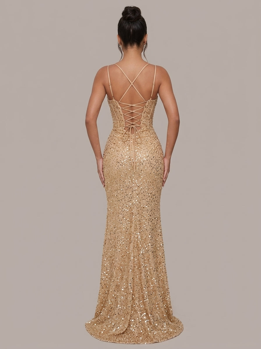 Zephrina Cyrene sequin corset maxi dress in champagne gold