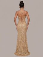 Zephrina Cyrene sequin corset maxi dress in champagne gold