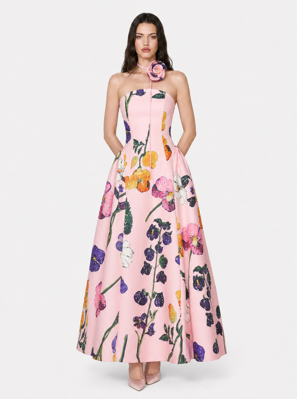 Zephrina Vionette floral satin maxi dress in pink