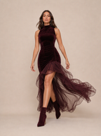 Zephrina Ghislaine velvet high-low maxi dress in burgundy