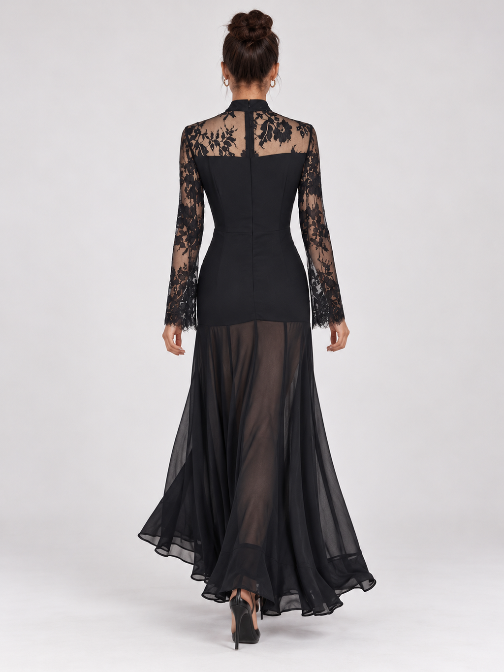 Zephrina Iseult lace-bodice sheer-overlay maxi dress in black