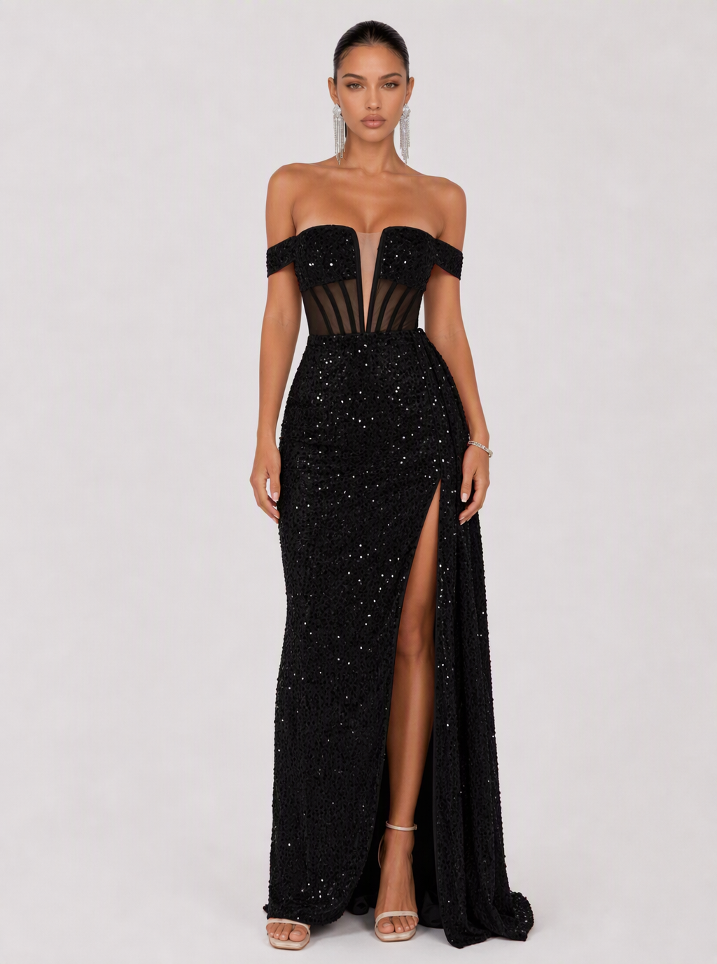 Zephrina Fiorella off-shoulder sequin maxi dress in black