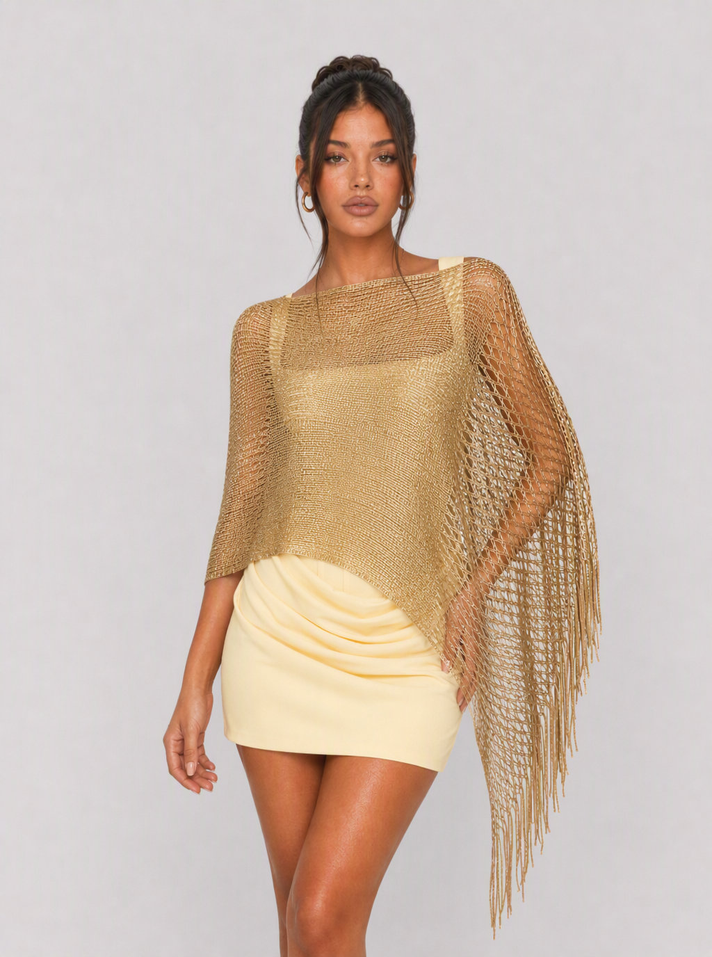 Zephrina Solenne metallic fringe shawl in champagne gold
