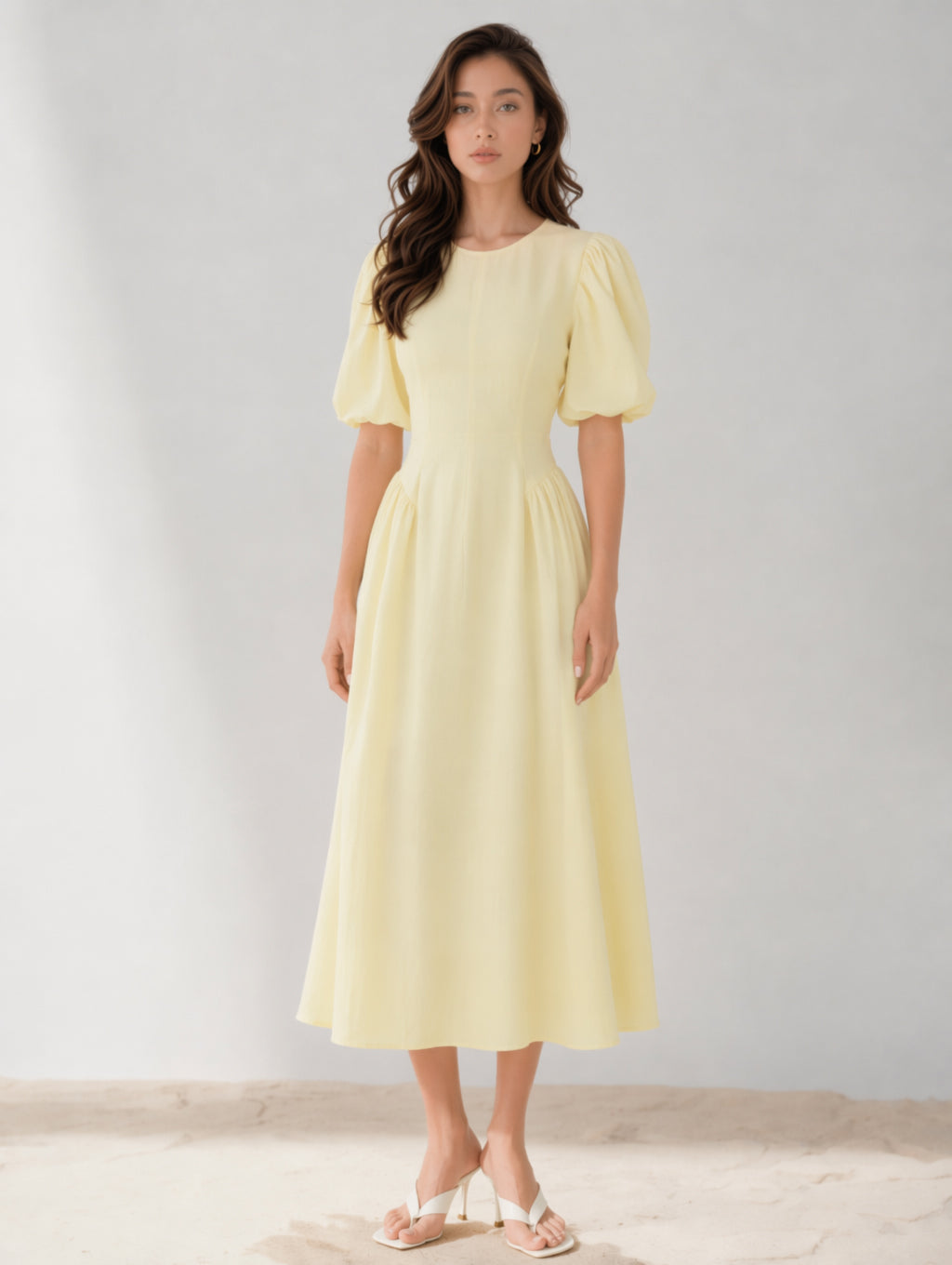 Puff Sleeve Linen Blend Midi Dress