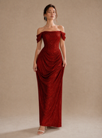 Zephrina Sabine off-shoulder glitter ruched maxi dress in silver