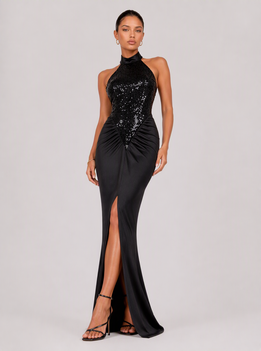Zephrina Violetta halter sequin slit maxi dress in black