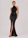 Zephrina Violetta halter sequin slit maxi dress in black