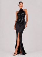 Zephrina Violetta halter sequin slit maxi dress in black