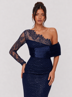 Zephrina Ottilia asymmetric lace satin maxi dress in navy