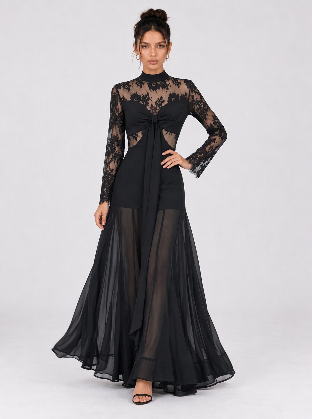 Zephrina Iseult lace-bodice sheer-overlay maxi dress in black