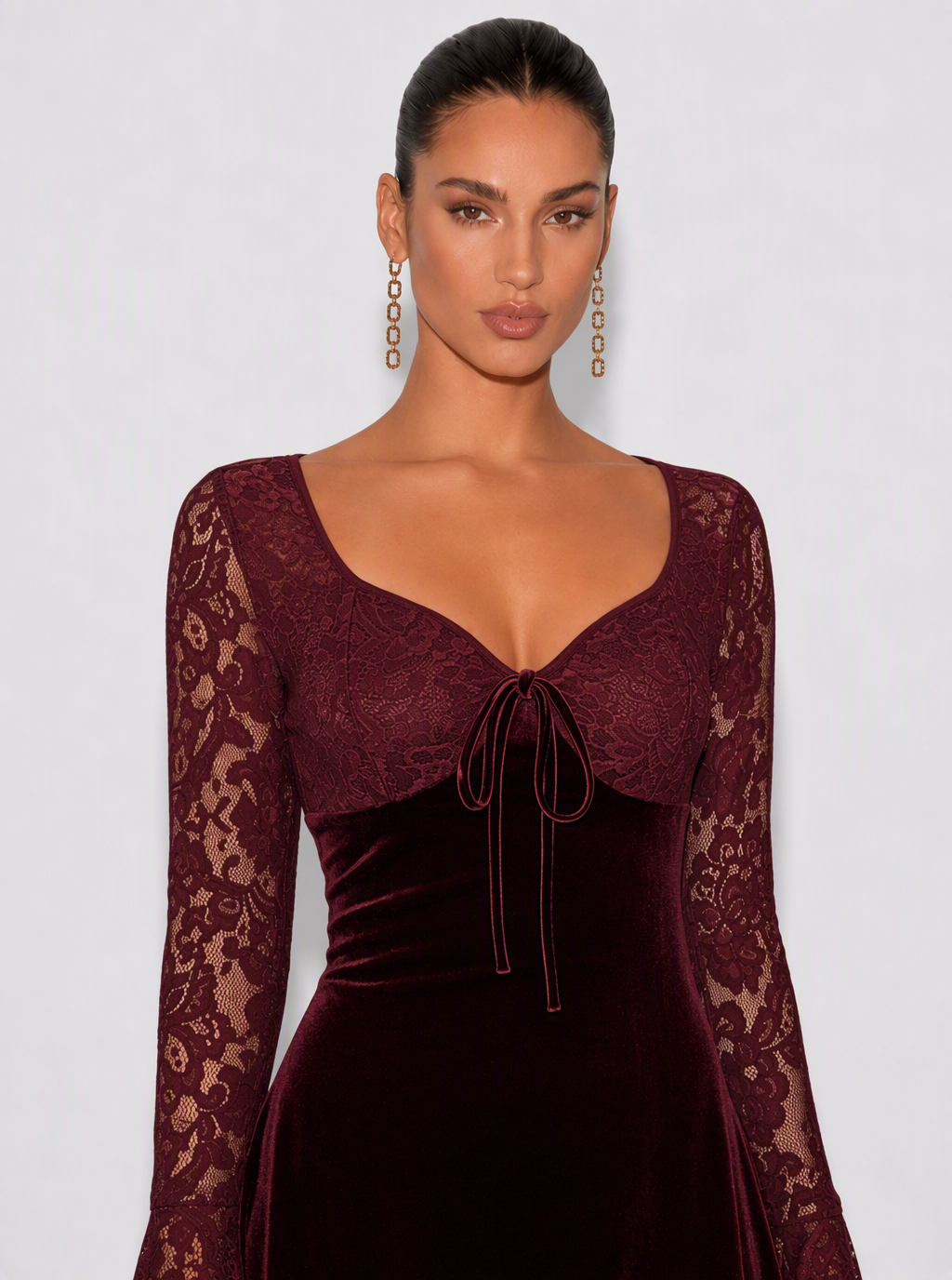 Zephrina Eirlys velvet lace mini dress in burgundy