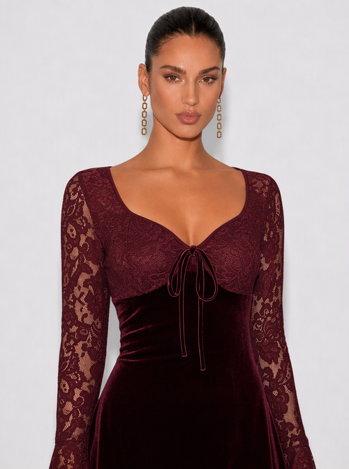Zephrina Eirlys velvet lace mini dress in burgundy