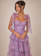 Zephrina Araminta bow-shoulder tiered maxi dress in light purple