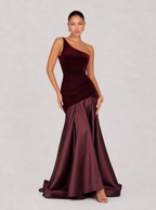 Zephrina Jessamine one-shoulder velvet maxi dress in burgundy