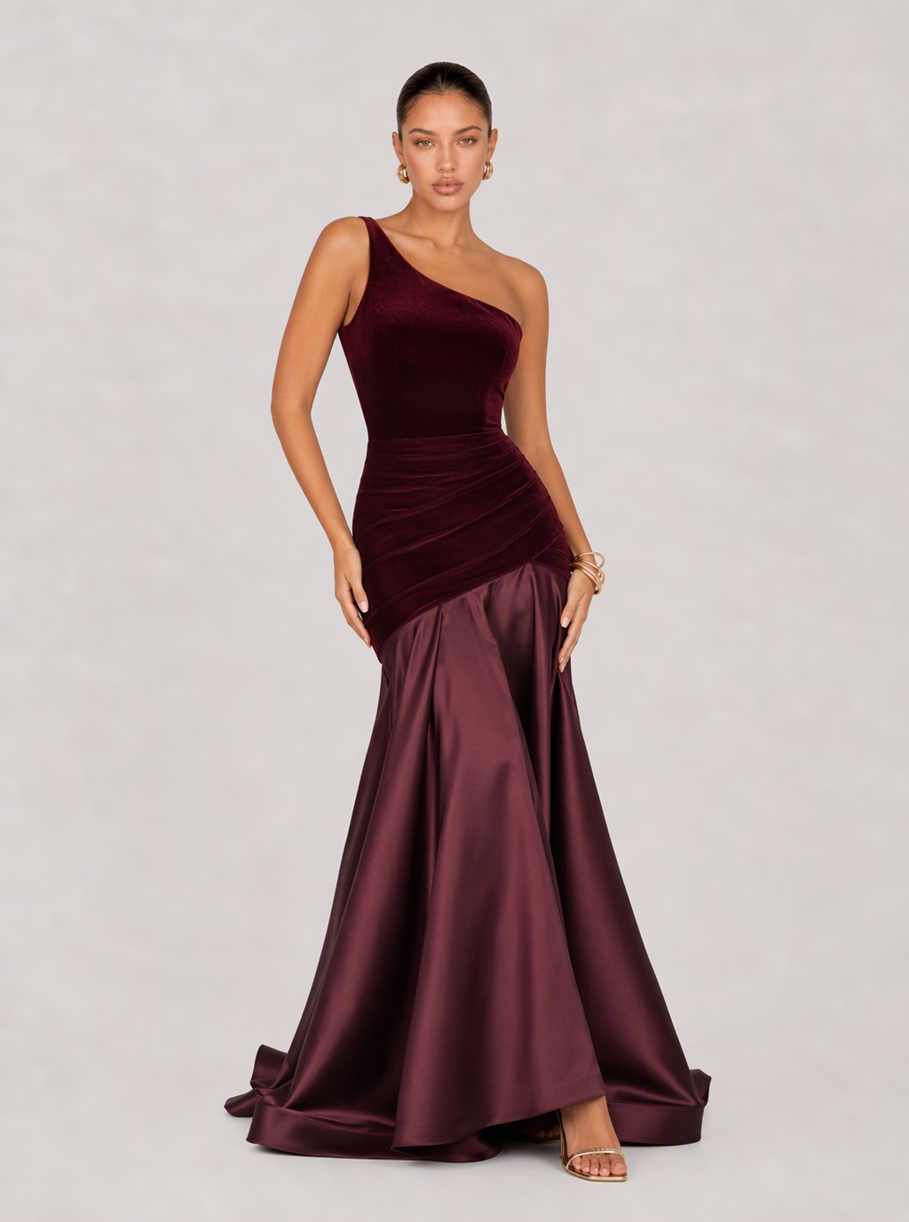 Zephrina Jessamine one-shoulder velvet maxi dress in burgundy
