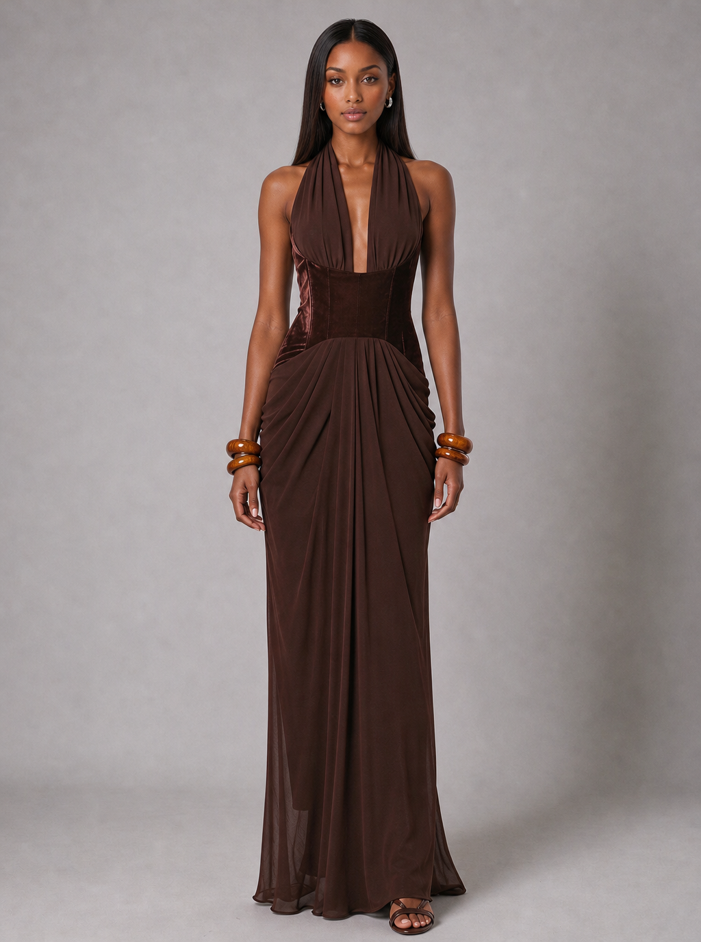 Zephrina Damaris halter draped maxi dress in light green