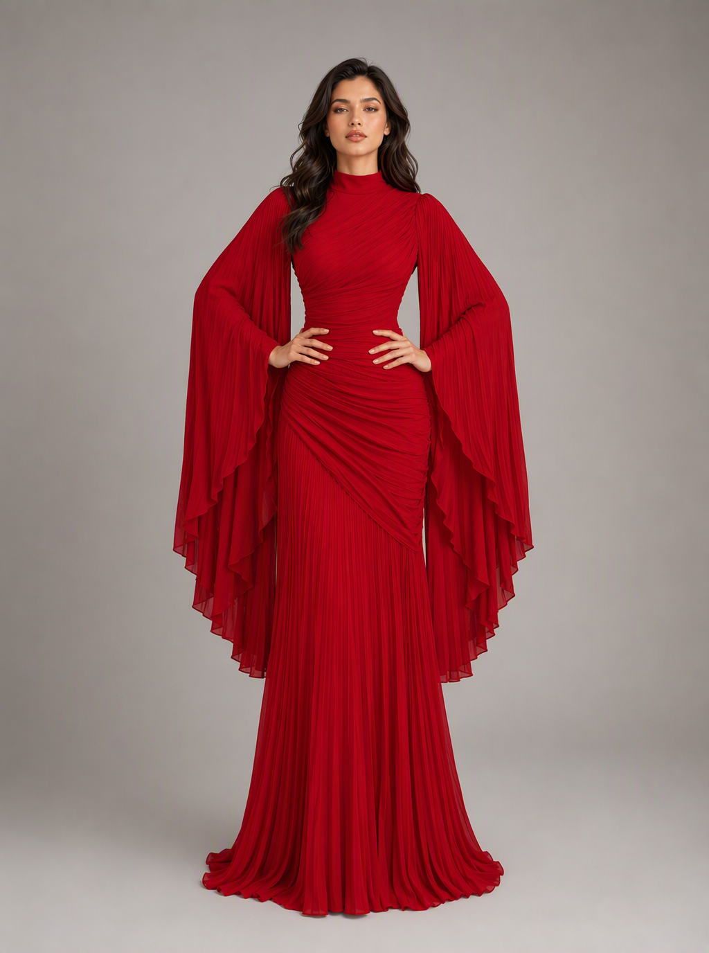 Zephrina Adelais pleated cape-sleeve maxi dress in burgundy