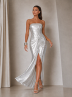 Zephrina Wisteria ruched metallic maxi dress in silver