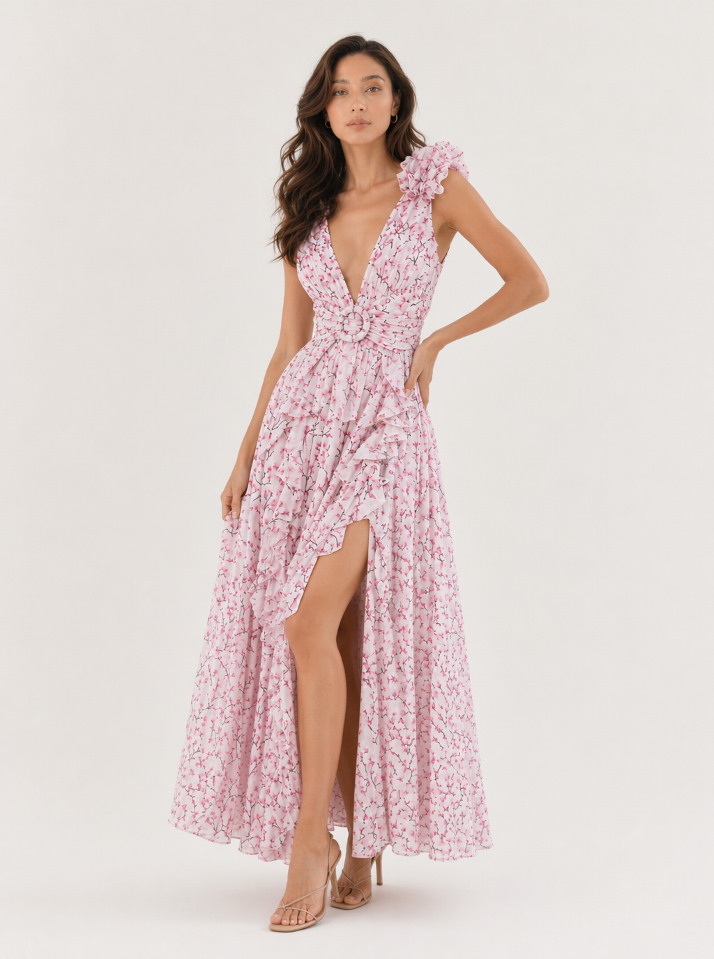 Zephrina Elodie ruffle floral plunge maxi dress in pink