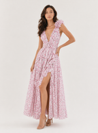 Zephrina Elodie ruffle floral plunge maxi dress in pink