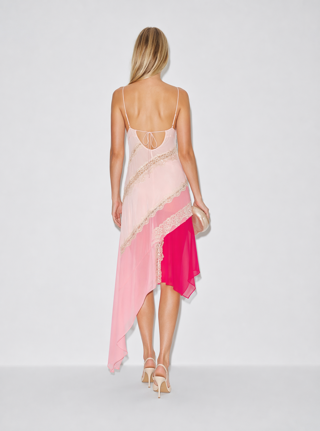 Zephrina pink asymmetric lace-panel midi dress with slim straps
