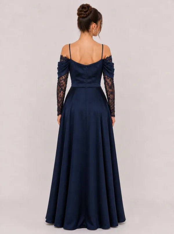 Zephrina Eleanora lace-panel satin maxi dress in navy