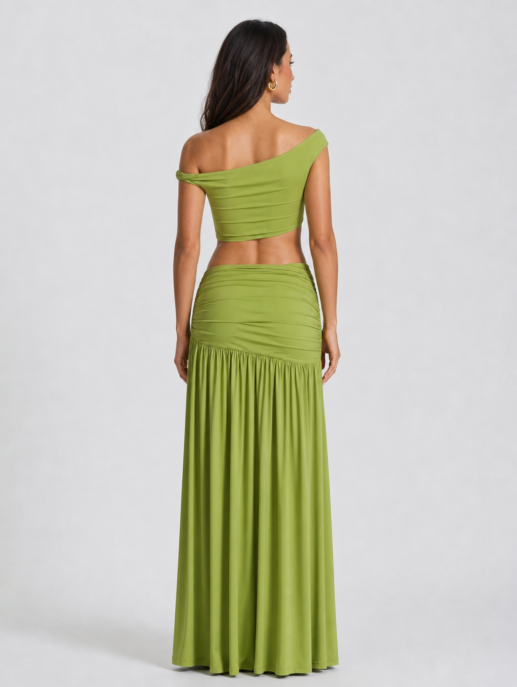 Avocado Green Off Shoulder Crop Top & High Slit Maxi Skirt