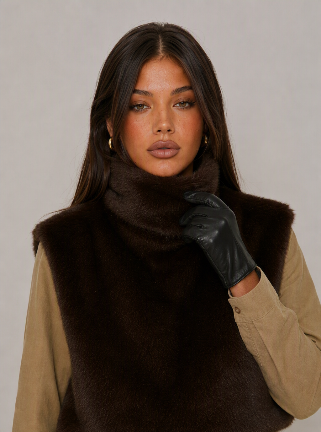 Zephrina Lilibet sleeveless faux fur coat in coffee high-low