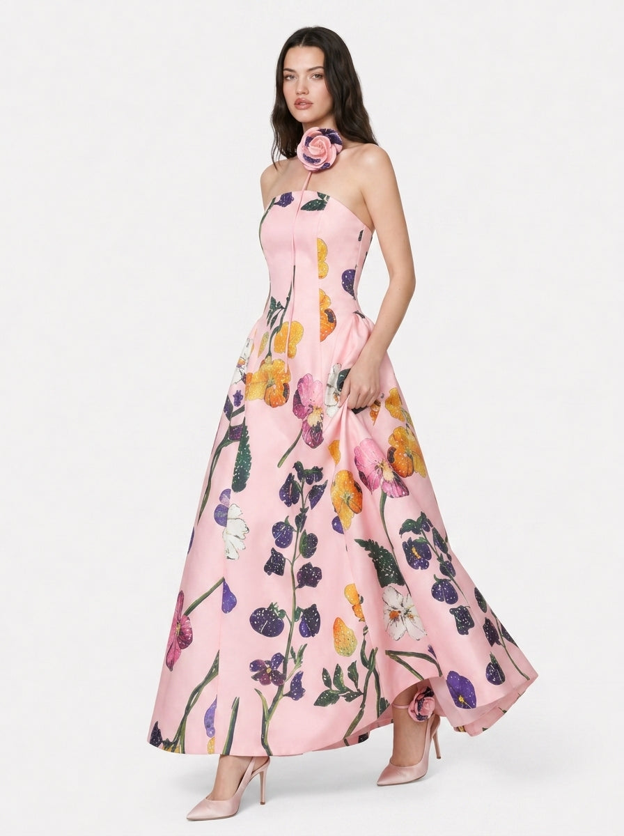Zephrina Vionette floral satin maxi dress in pink