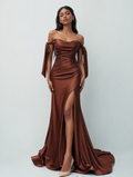 Off-the-Shoulder Ruched Satin Fishtail Slit Formal Evening Dress