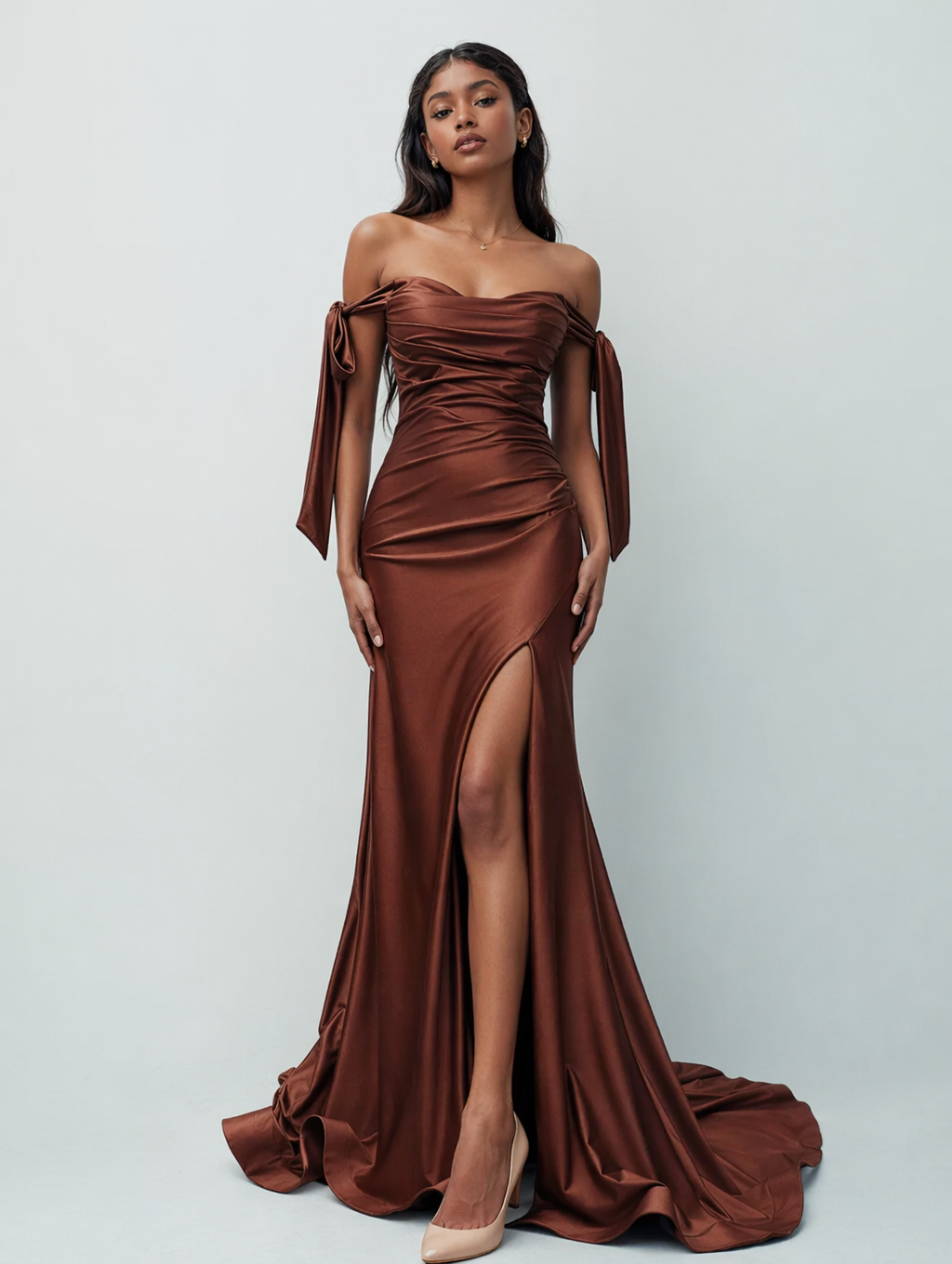Off-the-Shoulder Ruched Satin Fishtail Slit Formal Evening Dress