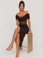 Zephrina Vienne lace drape midi dress in brown
