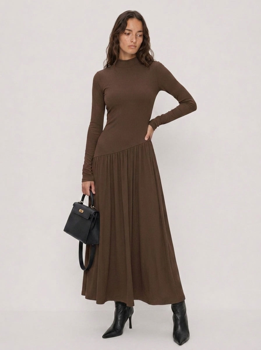 Zephrina Lucienne pleated knit midi dress in coffee