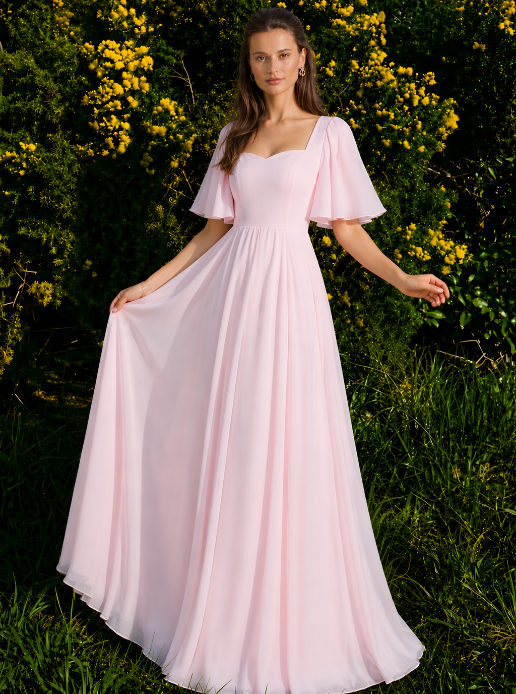 Zephrina Giselle flutter-sleeve chiffon maxi dress in yellow