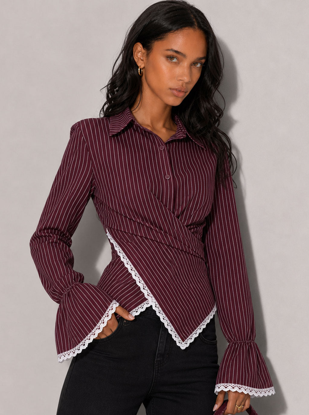Zephrina Jessamine striped lace-trim blouse in coffee