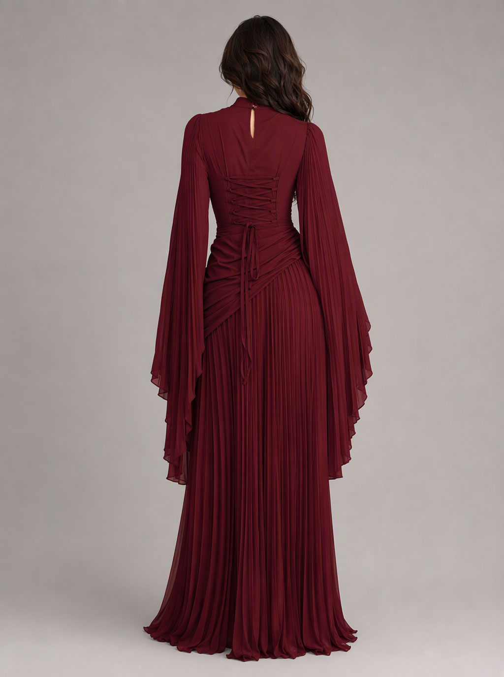 Zephrina Adelais pleated cape-sleeve maxi dress in burgundy